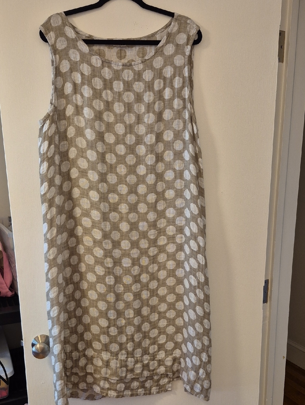 Flax Sleeveless Linen Polka Dot Dress in Beige and White - Size Large